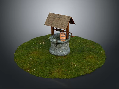 Traditional Well Structure With Thatched Roof Stone Base And Wooden Bucket On Grass 3d model
