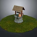 Traditional Well Structure With Thatched Roof Stone Base And Wooden Bucket On Grass