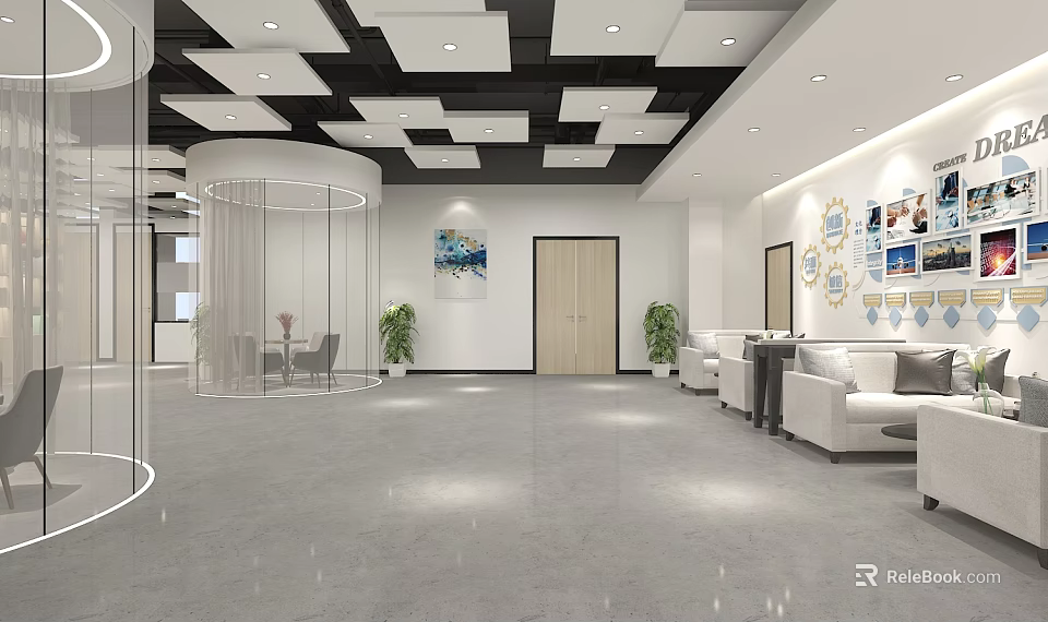 Modern Lounge Area Interior Design With Comfortable Sofas Green Plants And Decorative Paintings 3d model