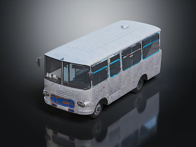 Vintage Silver Bus Featuring Blue Window Frames In 3D Rendered Dark Background With Reflection 3d model