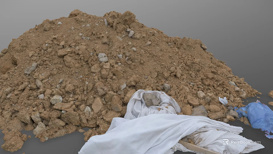 Stone And Wood Construction Materials Pile With Dirt And White Cloth Cover 3d model 