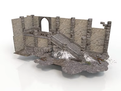Ruined Stone Scene Structure With Ancient Walls Archway Staircase And Debris Elements 3d model