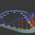 Amusement Park Thrilling Roller Coaster With Blue Track And Orange Supports