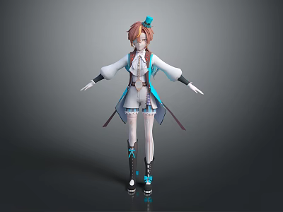 Game Character With Reddish Brown Hair Blue Hair Accessory White And Blue Outfit Coat Shorts Stockings And Shoes 3d model