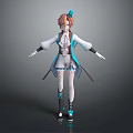 Game Character With Reddish Brown Hair Blue Hair Accessory White And Blue Outfit Coat Shorts Stockings And Shoes 3d model