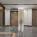 Modern Elevator Hallway With Marble Floor Wooden Walls And Reception Desk
