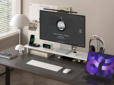 Modern Desktop Computer And Laptop Setup On Office Desk With Keyboard Mouse Headphones And Lamp 3d model