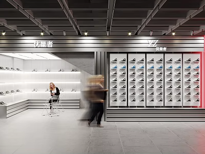 Modern Shoe Store Interior With Shoe Racks Shoes On Display And Customers 3d model