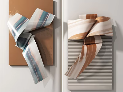 Creative Wall Decor with Blue White Brown Beige Ribbon Design and Striped Backgrounds 3d model