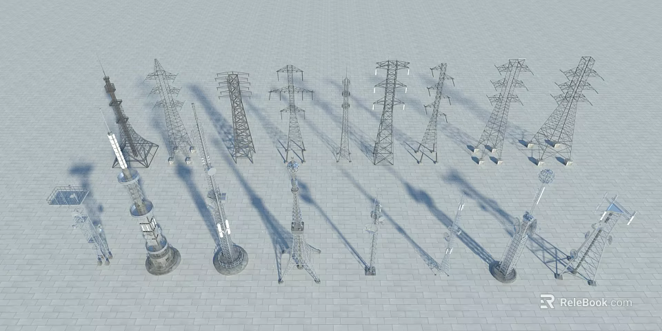 Different Types of Industrial Power Transmission Towers And Metal Support Structures 3d model 