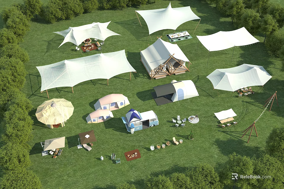 Scenic Camping Site with Green Grass White Tents Small Houses Caravans Sunshades and Surrounding Trees 3d model 