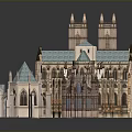 Cartoon Style Gothic Architecture Scene with Tall Spires Blue Rooftops and Intricate Details