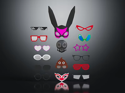 Stylish Apparel Accessories Collection With Glasses Masks Bow Ties And Star Pins 3d model