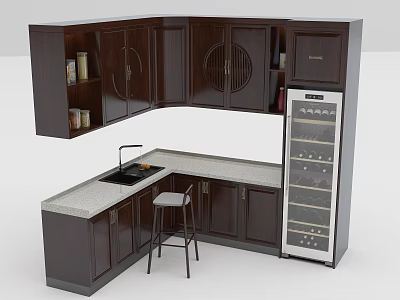 Dark Wood Kitchen Cabinets With Countertop Sink Wine Cooler And Stool Interior Design 3d model