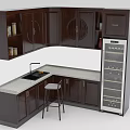 Dark Wood Kitchen Cabinets With Countertop Sink Wine Cooler And Stool Interior Design