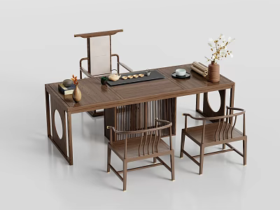 Chinese Style Solid Wood Tea Table and Chairs with Tea Set Tray Books and Vase 3d model
