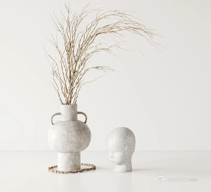 White Vase With Dried Branches Handles And Head Shaped Decor On Light Background 3d model