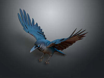Realistic Blue Bird with Spread Wings and Detailed Feathers Flying in Dark Background 3d model