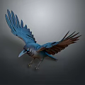 Realistic Blue Bird with Spread Wings and Detailed Feathers Flying in Dark Background