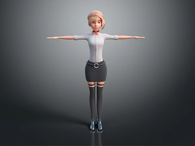 3D Female Character With Blonde Hair White Shirt Red Bow Tie And Arms Outstretched 3d model