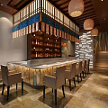 Traditional Asian Restaurant Interior Featuring Paper Lanterns Decorative Murals And Wooden Bar