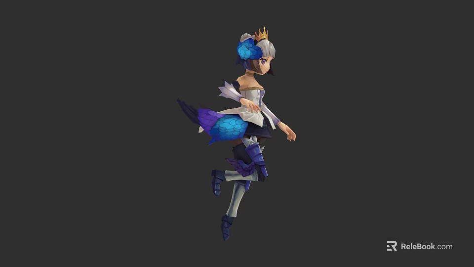 Fantasy Game Movie Character With Crown Blue Feather Outfit And Leg Armor 3d model 