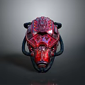 Red Sci-Fi Mechanical Weapon with Glowing Red Blue Details and Horned Structure