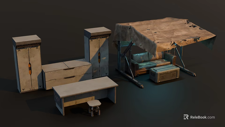 Worn Furniture Setup With Tattered Tent Cabinets Table Stool And Metal Frames 3d model 