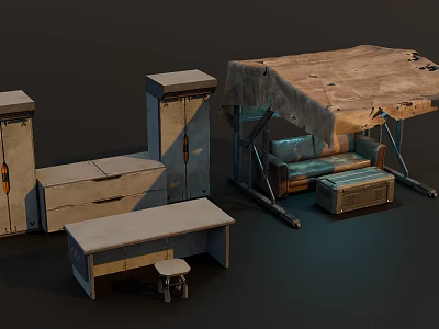 Worn Furniture Setup With Tattered Tent Cabinets Table Stool And Metal Frames 3d model