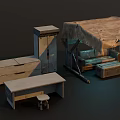 Worn Furniture Setup With Tattered Tent Cabinets Table Stool And Metal Frames