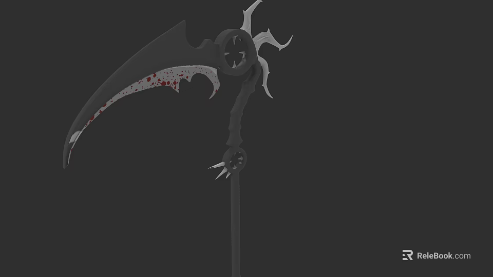 Bloodstained Scythe Weapon With Curved Blade Decorative Top And Spiked Handle On Black Background 3d model 