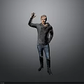 A Man Waving Hand In Gray Hoodie And Blue Jeans Against Gray Background