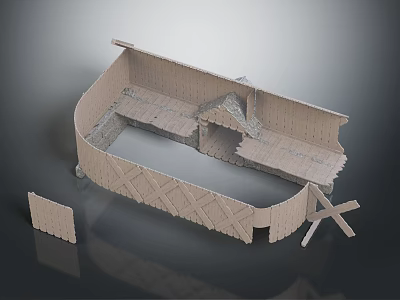 Detailed Traditional Curved Wooden Building Model With Cross Supports And Components 3d model