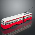 Vintage Red And White Tram With Antenna Multiple Windows And Reflective Surface