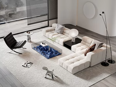 Elegant Modern Interior Design White Sofa And Glass Coffee Table Set For Living Room With Floor Lamp 3d model