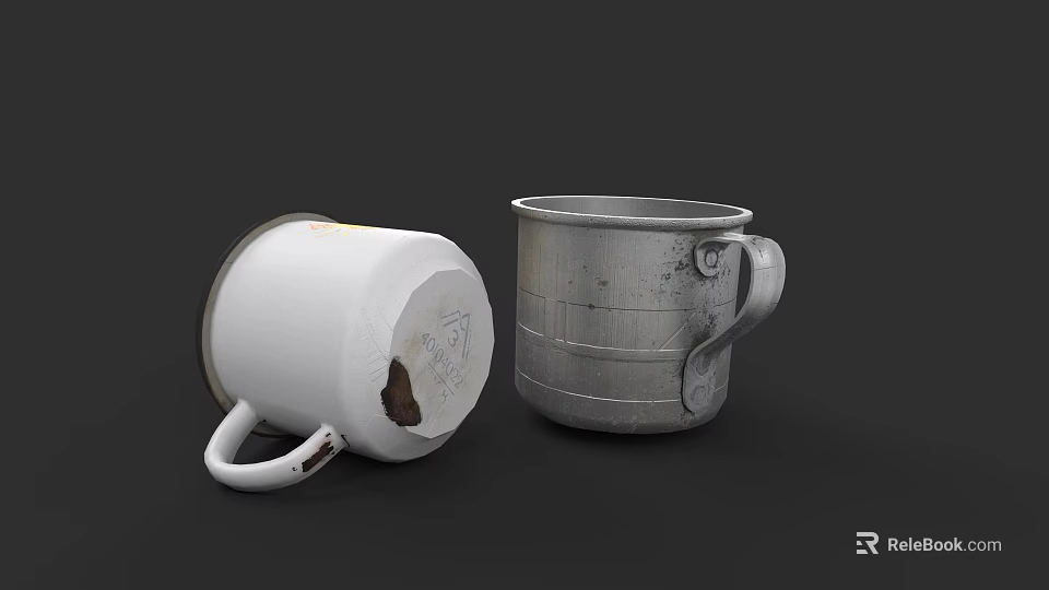 Two Ceramic Mugs White And Silver One Tipped Over With Worn Details And Handles 3d model 