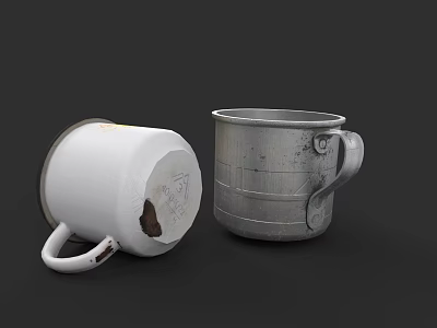 Two Ceramic Mugs White And Silver One Tipped Over With Worn Details And Handles 3d model