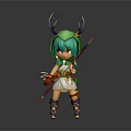 Game and Movie Character with Green Hair Antler Headdress Bow and Arrow Green White Outfit