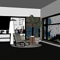 Modern Interior Decorative Ornament Set With Bookshelf Chair Potted Plant And Scenic Window