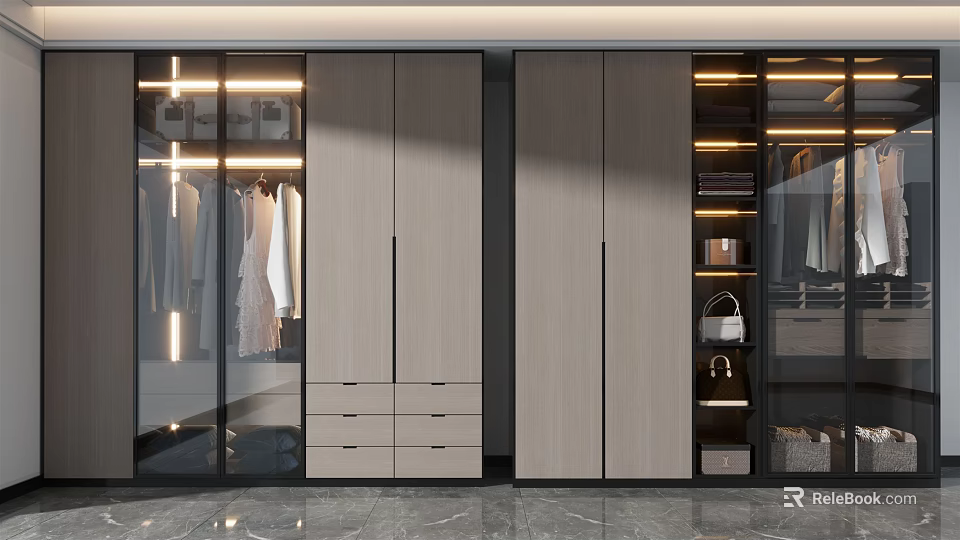Modern Wardrobe Design Featuring Glass Doors Internal Storage Drawers Hanging Areas And Lighting 3d model 