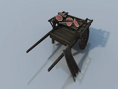 Wooden Cart With Slices Of Meat On Simple Design And Wheels 3d model