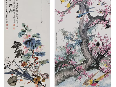 Traditional Chinese Ink Paintings With Plum Blossom Birds Flowers And Calligraphy 3d model