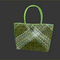 Stylish Woven Green Handbag With Blue White Checkered Pattern And Handle