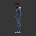 Man in Blue Denim Outfit With Distressed Details White Hoodie and White Sneakers Two Views