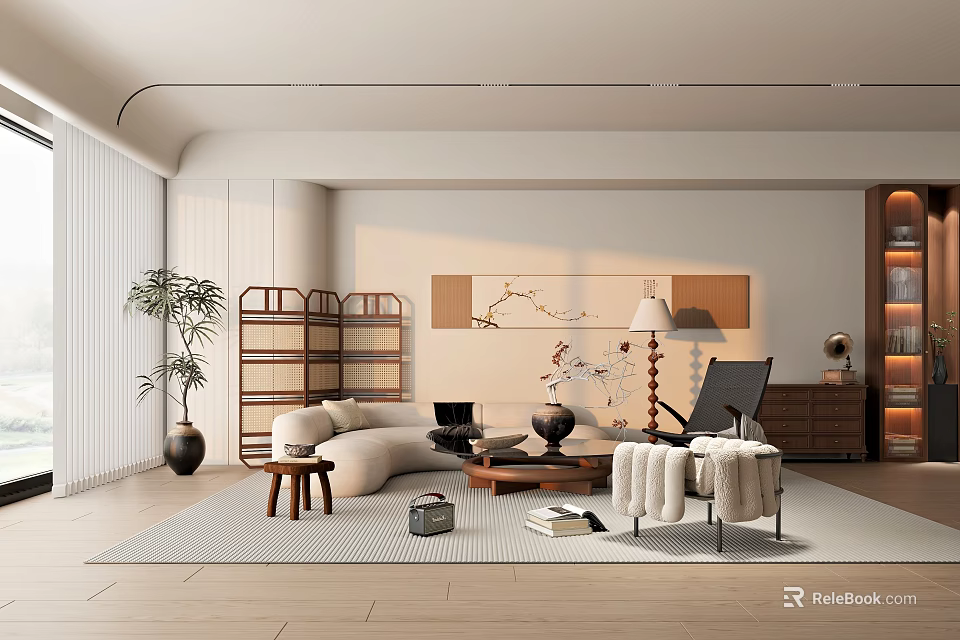 Elegant Modern Living Room Interior With White Sofa Wooden Screen Floor Lamp And Green Plant 3d model 