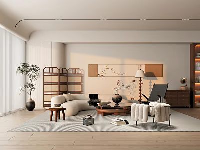 Elegant Modern Living Room Interior With White Sofa Wooden Screen Floor Lamp And Green Plant 3d model