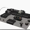 Modern Black Leather L Sofa Coffee Table Set With Arc Floor Lamp Ottoman And Pillows
