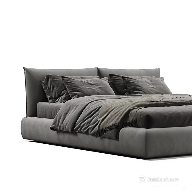 Modern Gray Double Bed With Upholstered Headboard Plush Pillows And Cozy Bedding 3d model 