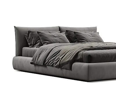 Modern Gray Double Bed With Upholstered Headboard Plush Pillows And Cozy Bedding 3d model