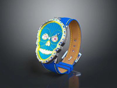 Fashionable Blue Skull Pattern Leather Strap With Metal Buckle Pink Jeweled Eyes And Yellow Accents 3d model